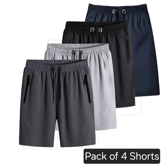 Pack of 4 shorts in gray, black, and navy on a white background